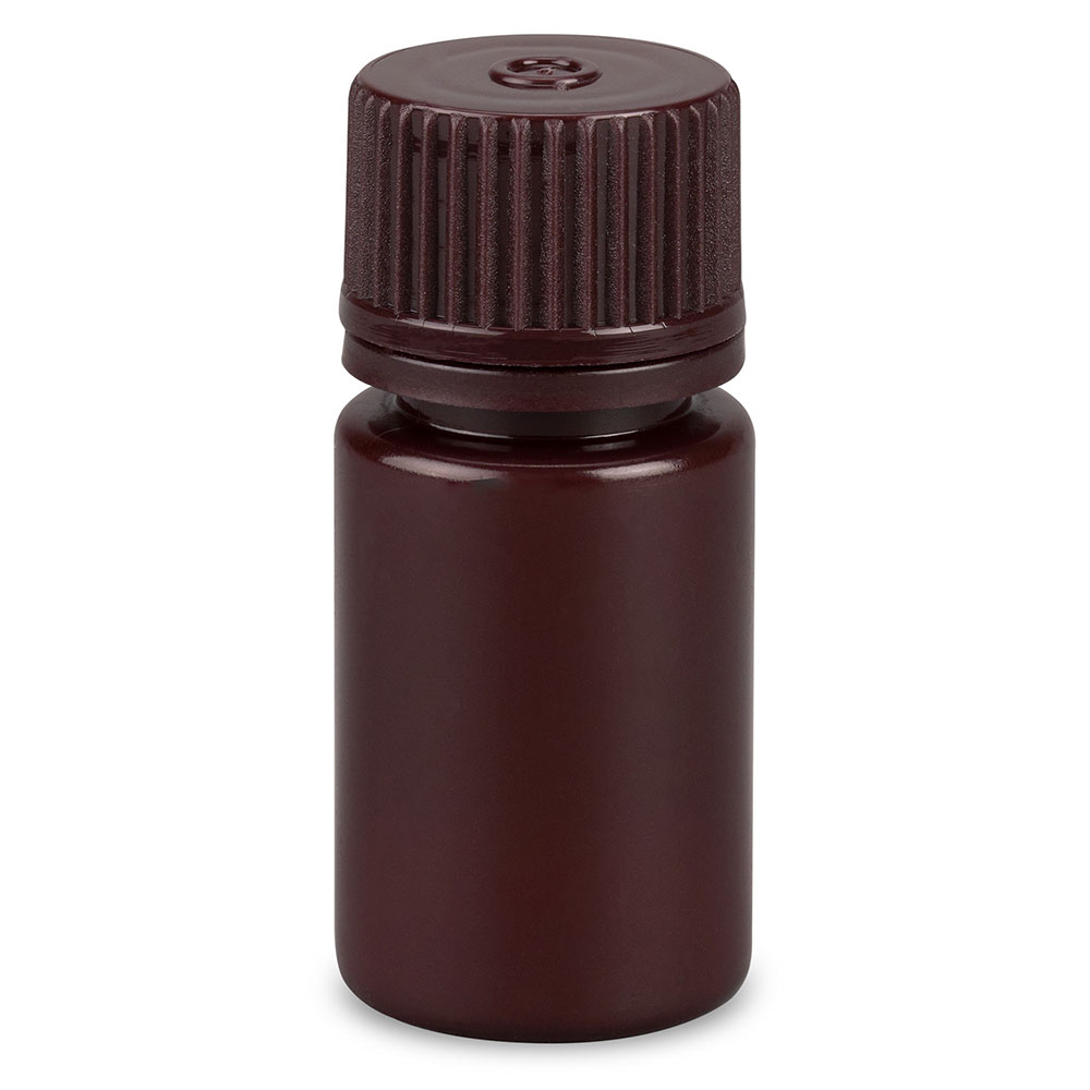 Globe Scientific Bottle, Narrow Mouth, Boston Round, Amber HDPE with Amber PP Closure, 15mL, Bulk Packed with Bottles and Caps Bagged Separately, 2000/Case Image